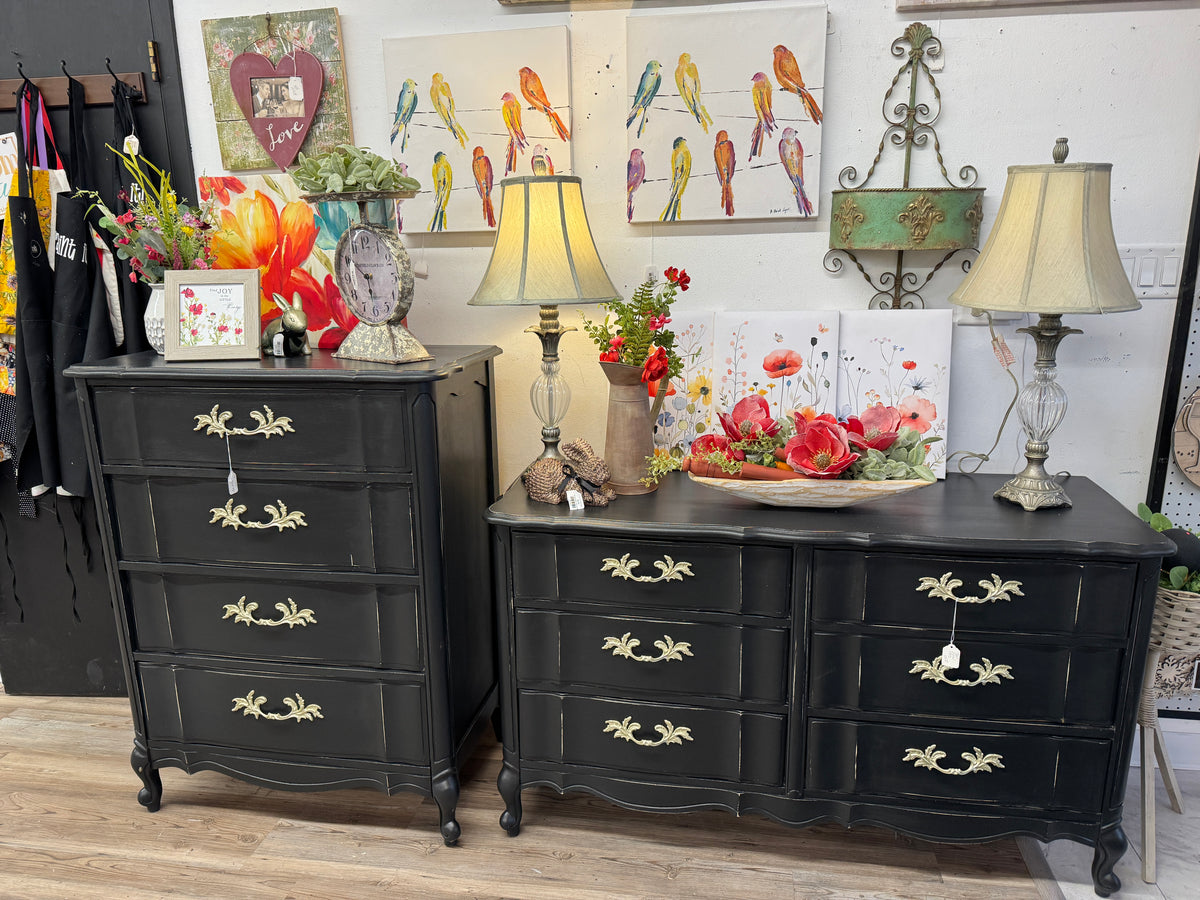 black french dresser Custom Order Option! Gothic/ Romantic / French Provincial Dresser / Triple Dresser / Black Damask / Romantic / Buffet / Credenza / Storage