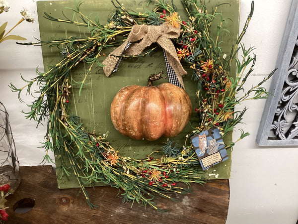 Half Pumpkin on wreath w Milk Paint base