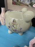 Green kitty & floral Piggy Bank
