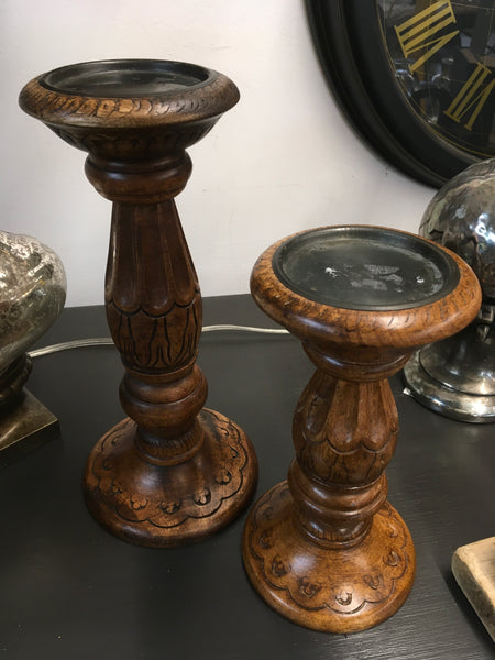 Wooden candle stick pair
