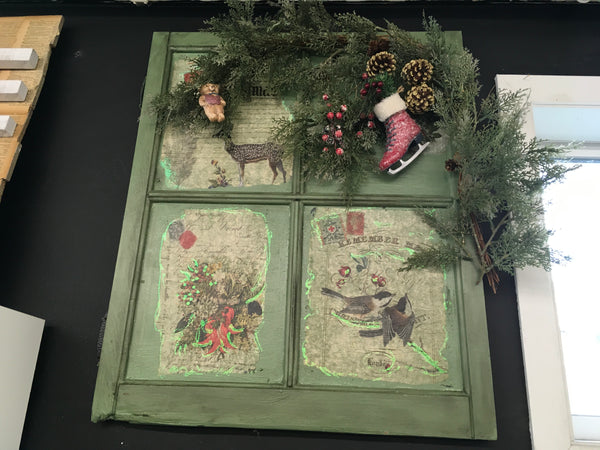 Vintage Window with Christmas Greenery