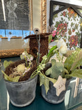 Metal container w bird nest and house