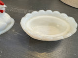 White hen nesting milk glass dish