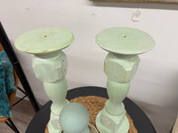 Large reclaimed wood Green Candle Sticks - Pair