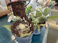 Metal container w bird nest and house