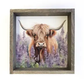 Highland Cow in Lavender Field picture Art with Wood Frame