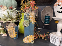 Tall wood slab Pumpkin with 2 Sunflowers