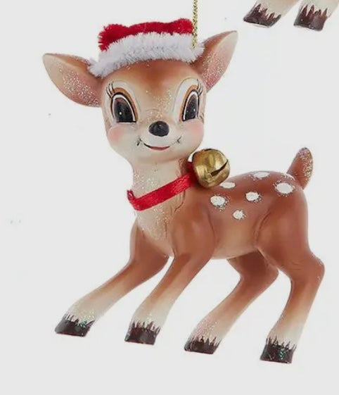 Retro Resin deer w Santa hat ornament