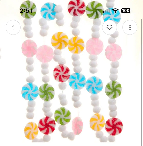 6” frosted candy Garland w Pom poms