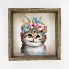 Flower Cat Art with Wood Frame
