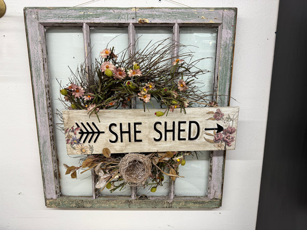 Vintage Window with cottage core wreath & she shed sign