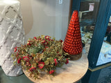 Small Red Glass Tree on Wood Stand