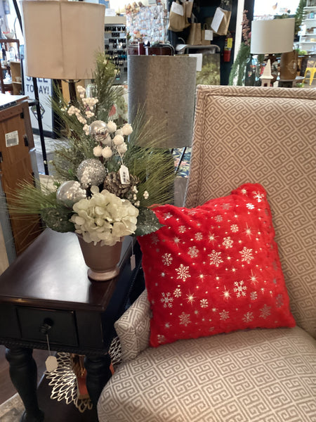 Christmas red fluffy pillow w/silver stars