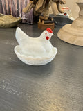 White hen nesting milk glass dish