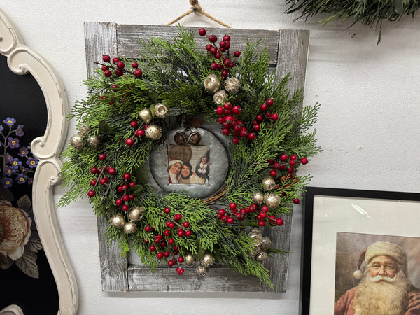 Ornament Wreath on Barnboard