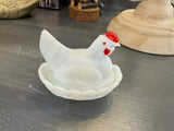 White hen nesting milk glass dish