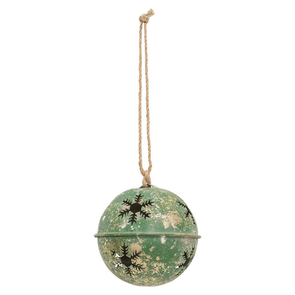 Gleaming Distressed Metal Snowflake Jingle Bell green