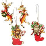 4/Set - Retro Look Wooden Puppy, Kitten, & Reindeer Ornament